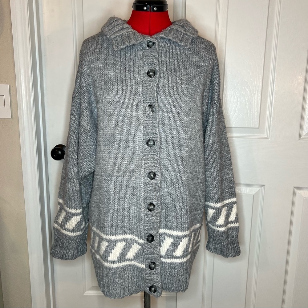 Handmade Chunky Knit Gray White Button Down Cardigan Women L/XL? See Measurement
